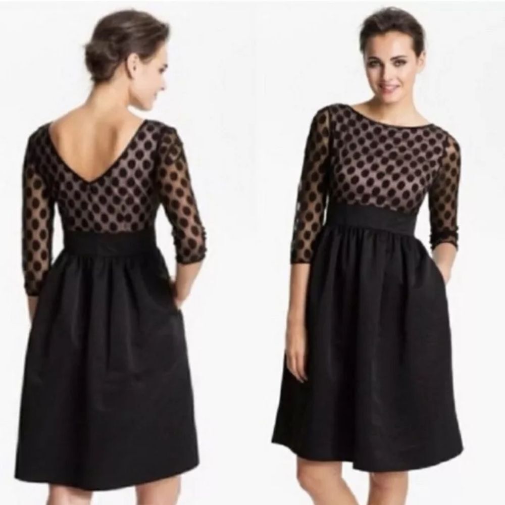 Eliza J Black Nude Polka Dot 3/4 Length Sleeve Taffeta Knee-Length Dress Size 10